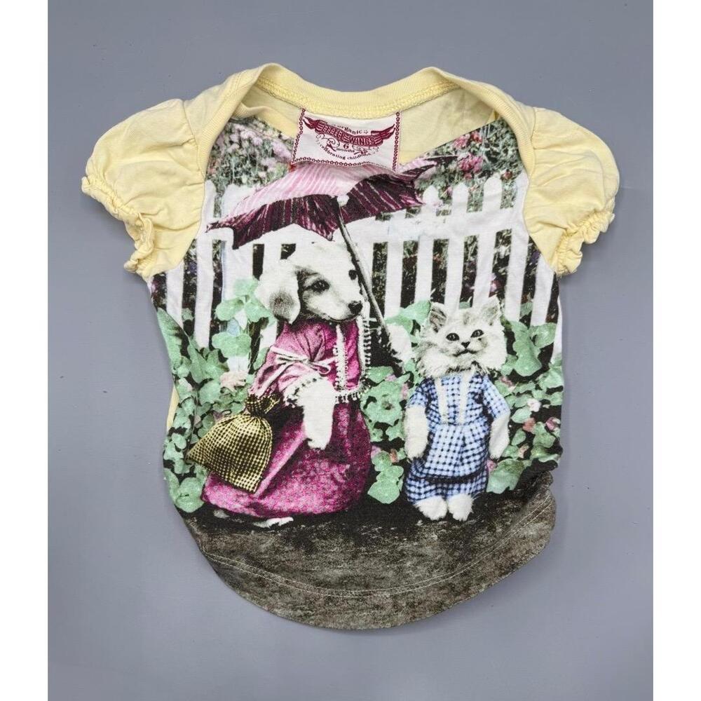 LITTLE WINGS Organic Baby T-Shirt 6M Yellow Ruffled Sleeves Cat Dog‎ Kitty puppy
